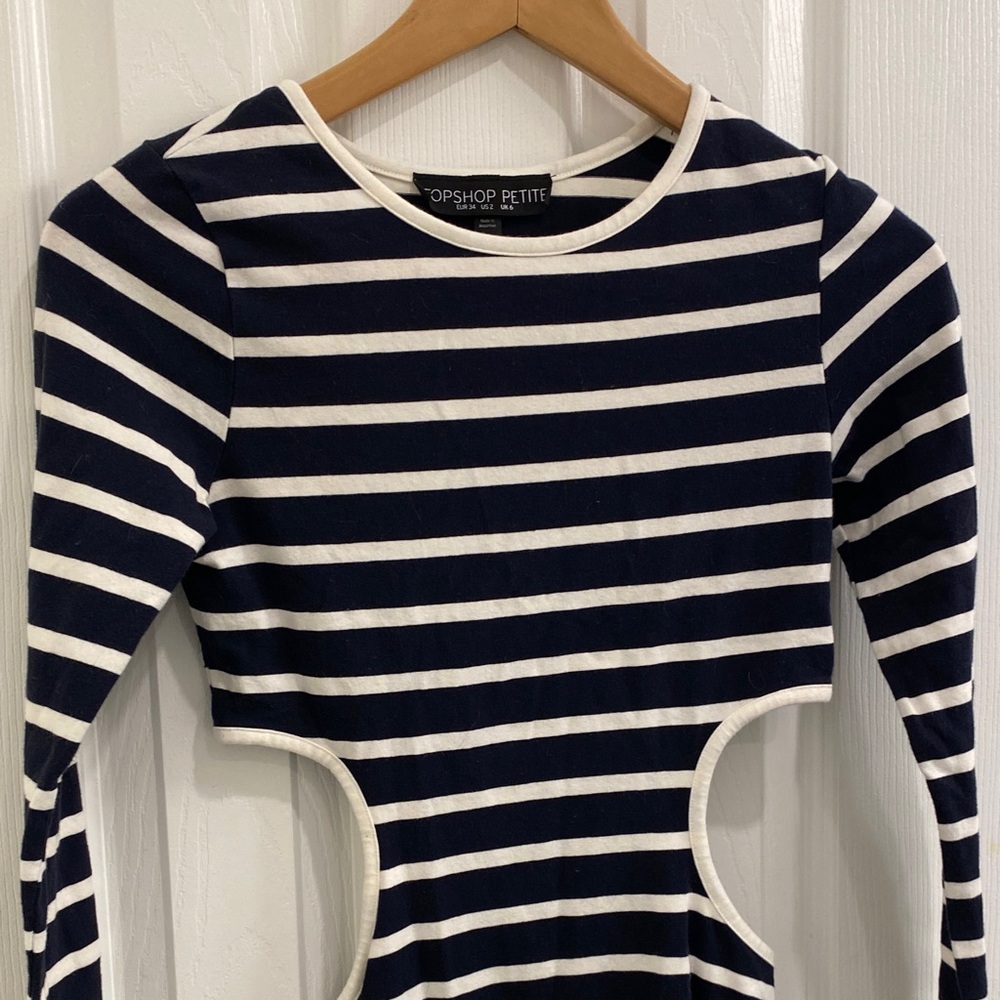 Topshop Petite Navy and White Striped Long Sleeve Dress With Side Cutouts - Picture 6 of 9